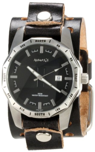 Nemesis Men's VT027K Signature Stainless Steel Round Black Dial Leather Cuff Watch