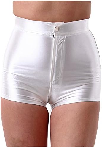 FanRun High Waist Shiny Stretch Womens Girls Disco Satin Short Pants,Size L,White