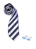 SILVIO SILVANI Pack Corbata Con Rayas Azul Marino Y Celeste + Gemelos Con Piedra Azul Celeste