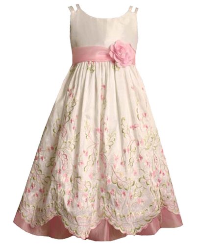 Bonnie Jean Girls 7-16 IVORY PINK SCALLOP EDGE EMBROIDERED BORDER SHANTUNG Special Occasion Wedding Flower Girl Easter Birthday Party Dress