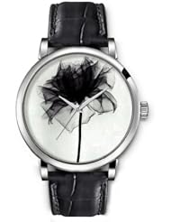 SPRAWL Aanalog Fashion Series Silver Ladies Watches of Genuine Black Leather Strap,Unique Wrist Watch for Women Girls Designed with black Flower