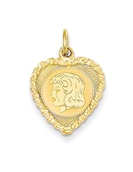 14k Yellow Gold Girl Head .013 Gauge Engravable Pattern Heart Rope Charm Pendant