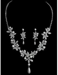 Pearl & Rhinestone Floral Bridal Jewelry Set, Necklace & Earrings 1384 by USABride