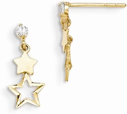 Solid 14k Yellow Gold Children Girl Baby Kids Toddler CZ Cubic Zirconia Polished Star Post Stud Dangle Earrings