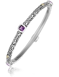 18K Yellow Gold and Sterling Silver Fancy Bangle with Square Amethyst Stations
