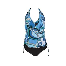 Womens Marina West Swimwear Plus Size Swimsuit Tankini, Halter, Bikini, Turquoise Swirl with Solid Brown Bottoms