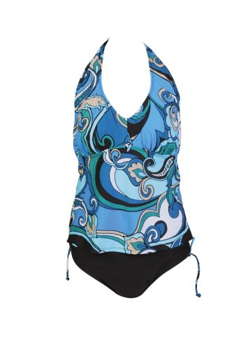 Womens Marina West Swimwear Plus Size Swimsuit Tankini - Halter - Bikini - Turquoise Swirl with Solid Brown Bottoms product image