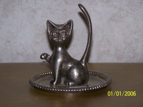 Kitty Cat Silvertone Ring Holder Stand(Earrings, Jewelry) on Tray