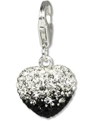SilberDream Glitter Charm Swarowski Elements heart black ICE, 925 Sterling Silver Charms Pendant with Lobster Clasp for Charms Bracelet, Necklace or Earring GSC006
