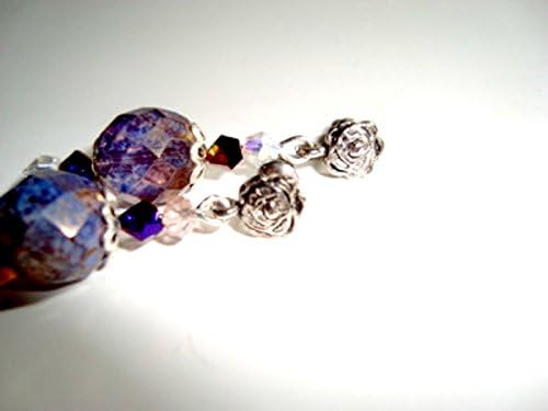 Czech Fire Polished Glass Beads with Luster Centered Earrings with Silver Rose Posts