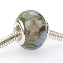 Murano Style Glass Lampwork Bead Fits Pandora Smoke W/ Blue Flowers 14mm (1)