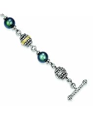 Sterling Silver with 14k Gold 7.5-8mm Freshwater Cult Black Pearl 8in Bracelet - Antique Boutique - Vintage Style - Jewelry