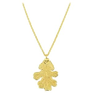 24 KT Gold Plated Real Lacy Oak Leaf Pendant Necklace1 MM Rolo Chain 18"