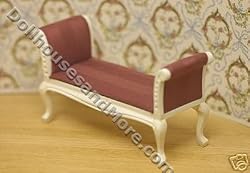 Handcarved White Settee Dark Pink Stripe Dollhouse Miniature