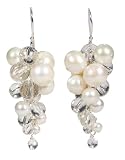 Sterling Silver White Freshwater Cultured Pearl and Crystal Graduated Cluster Dangle Earrings