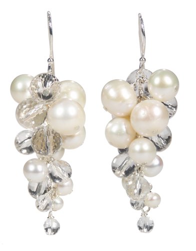 Sterling Silver White Freshwater Cultured Pearl and Crystal Graduated Cluster Dangle Earrings