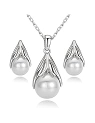 Yours Pearl Pendant 18K White Gold Plated Wedding Necklace and Earring Set