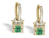 14K Yellow Gold Genuine Square Emerald and Diamond Lever Back Earrings