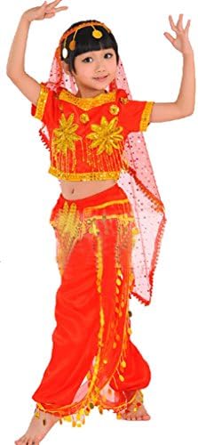 Children Sinkiang Indian Belly Dance Dress National Costumes (Red 140)