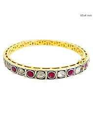 Couturechics 14K Gold & Sterling Silver 4.25 Ct Ruby Gemstone Rose Cut Diamond Vintage Wedding Bangle Bracelet Handmade Jewelry