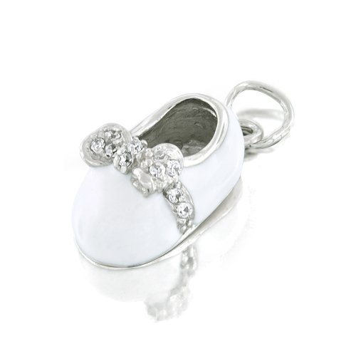 Mothers Day Gifts Bling Jewelry White Enamel CZ Bow Petite Baby Shoe Charm Pendant Engravable