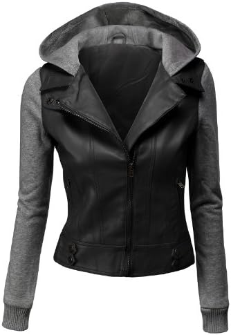 Doublju Women's Double Layered Hooded Faux Leather Jacket