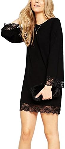Aquiv Women's Cotton Long Sleeve A-line Lace Hem Cocktail Party Mini Dress