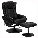 Massaging Black Leather Recliner and Ottoman with Leather Wrapped Base (Black) (42H x 29.25W x 46D)