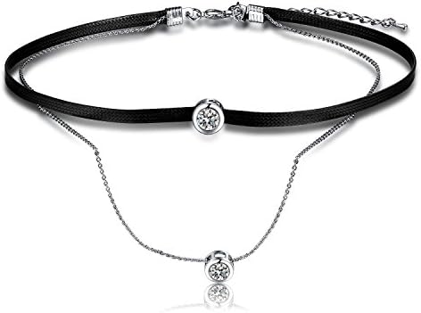 Uniki Black Leather with Chain Choker Necklaces with Pendant Zircon Choker for Women