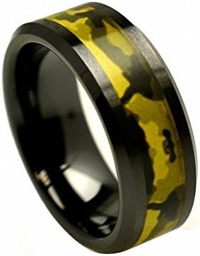 8mm Black Ceramic High Polish Finish Camouflage Inlay Beveled Edge Comfort Fit Wedding Band Engagement Ring for Men & Women Available Sizes (7-15) Including Half Sizes Please Email , Size 12.5