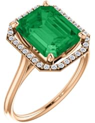 14K Rose Gold 10.00x8.00mm Emerald Cut Chatham Created Emerald and Diamond Halo-Style Ring -- LIFETIME WARRANTY