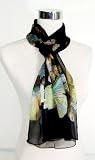Chiffon Butterfly Print on Black - Silk Long Scarf 21 x 66