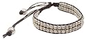 2 Line Square Silver Metal Bead Leather Bracelet