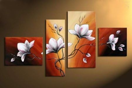 Wieco Art -Stretched and Framed 100% Hand-painted Wood Framed 100% Hand-painted Goods Wood Framed on the Back Yellow Bottom and the Flowers Wall Decor Floral Oil Painting on Canvas 4pcs/set