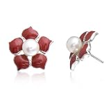 Sterling Silver Freshwater Cultured Pearl & Red Enamel Flower Earrings by Cheline