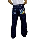 Enyce Mens Blue Jeans. 100% heavy weight machine washable cotton. Top quality embroidered design throughout these pants. Excellent attention to all important details: rivets, stitching and fabric design. The latest in unique hip hop and street wear.