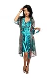 Zavetti Gorgeous Satin 2-piece Lace Detail Robe Set Nightwear for Women Teal UK 12-14, Lady's Fashion, Gift Choice