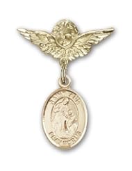 14K Gold Baby Badge with St. Ann Charm and Angel with Wings Badge Pin