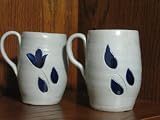 Set of Two (2) Williamsburg Pottery Coffee Mugs/Cups (Hand-Carved Cobalt Salt Glaze)