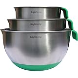 BrightSpring Mixing Bowls - 3-piece Stainless Steel Set - Rubber Bottom, Measurements, Handle & Spout - Recipe eBook