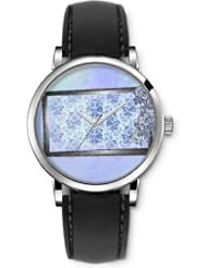 SPRAWL Aanalog Fashion Series Silver Ladies Watches of Genuine Black Leather Strap,Unique Wrist Watch for Women Girls Designed with Dark blue flowers frame
