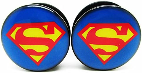 0 Gauge (8mm) Superman Symbol Ear Plugs - Acrylic Screw-on Pair