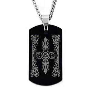Stainless Steel Black Plated Dog Tag with Laser Design On 22 Inch Stainless Steel Chain