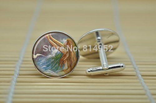 Pretty Lee Mermaid Cufflinks Fantasy Painting Jewelry In Silver Glass Cabochon Cuff Links C0394