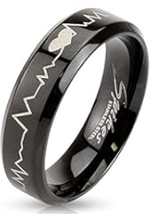 STR-0123 Stainless Steel Black IP with Heartbeat Laser Etched Band Ring