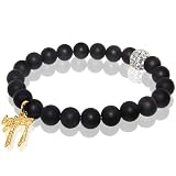 Matte Onyx Stretch Bracelet with Yellow Gold Chai Charm & White Rhinestone Bead Accent