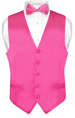 Lowest Prices Biagio Men's Solid HOT PINK FUCHSIA SILK Dress Vest Bow Tie Set for Suit or Tuxedo