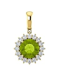 18K Yellow Gold 8.00mm Round Cut Peridot and Diamond Pendant -- LIFETIME WARRANTY