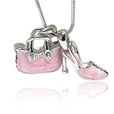 Crystal and Pink Enamel Bag and Shoe Pendant Necklace Fashion Jewelry