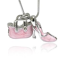 Crystal and Pink Enamel Handbag and Shoe Pendant Necklace Fashion Jewelry